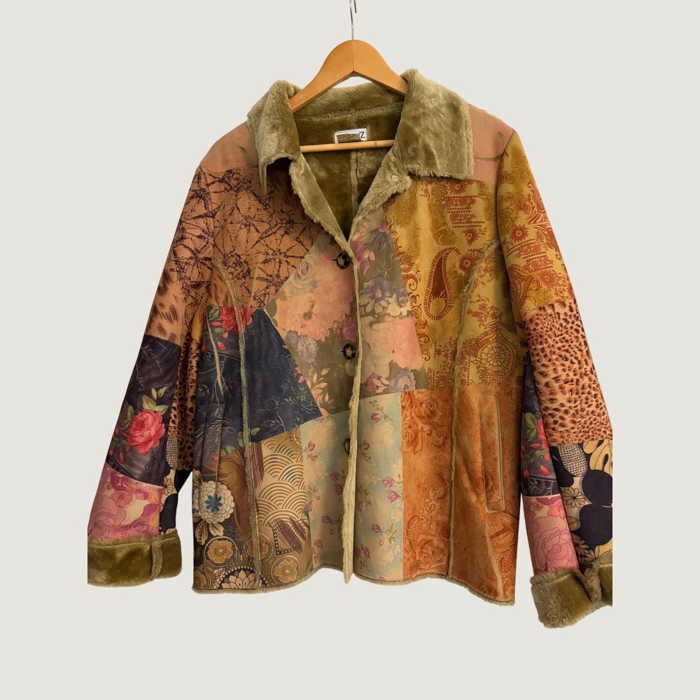 Weavz Patchwork Faux Shearling Jacket XL Multicolor Boho Retro Floral Leopard